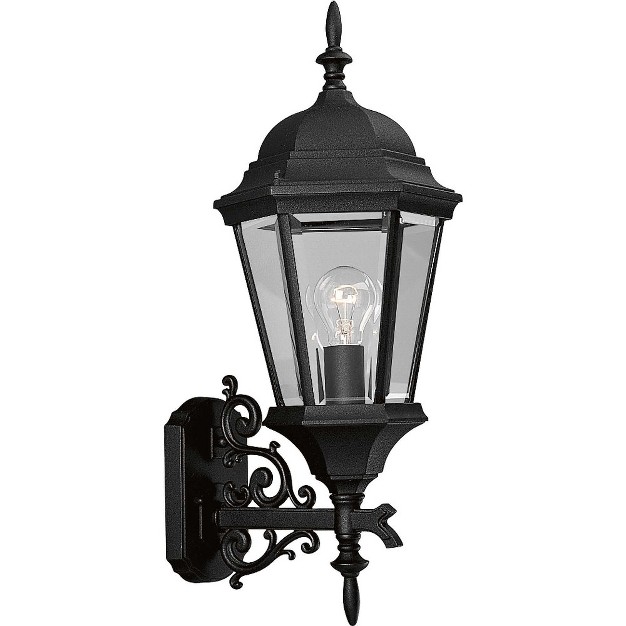 Progress Lighting Welbourne 1 light Wall Lantern Textured Black Clear Beveled Glass Ceramic Shade