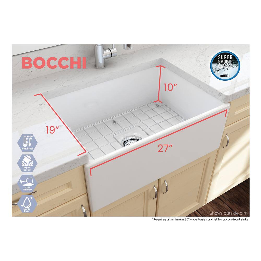 BOCCHI Contempo Farmhouse Apron Front Fireclay 27 in. Single Bowl Kitchen Sink with Bottom Grid and Strainer in White 1356-001-0120