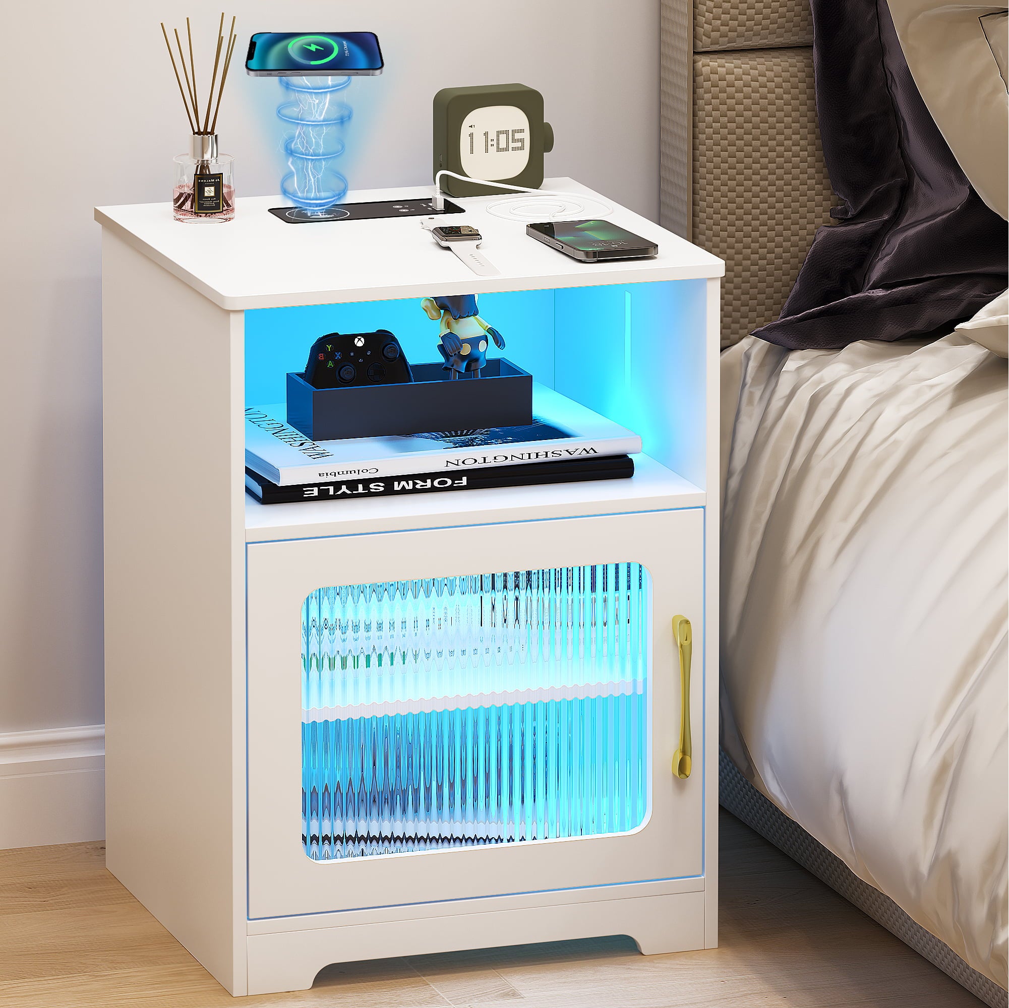 LED Nightstand with Wireless/USB/Type-C Charging Station Side Table for Bedroom Smart Bedside Tables with Large Storage-White