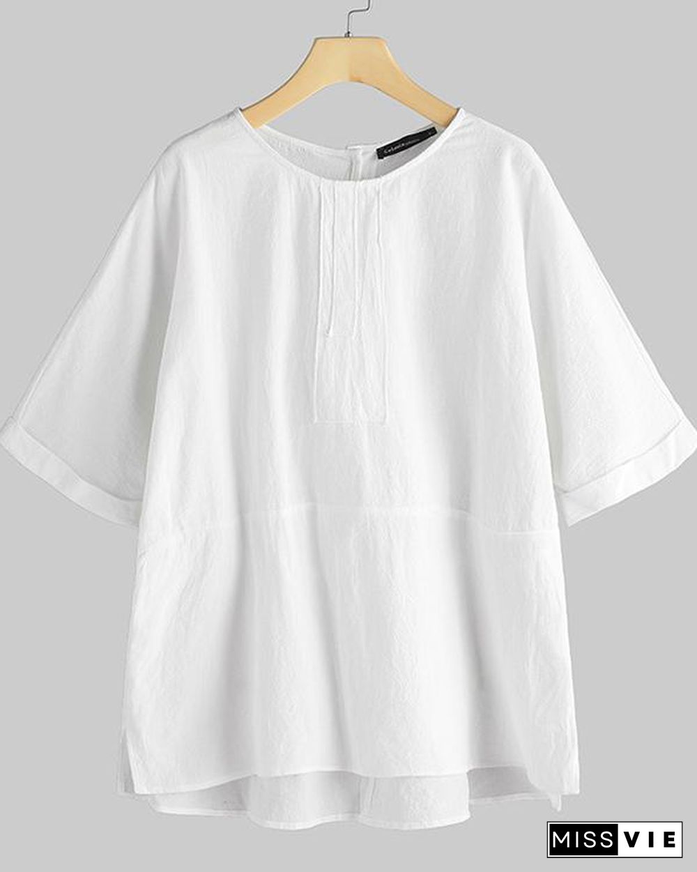 Women O-Neck Half Sleeve Solid Loose Plus Size Casual Linen Tops