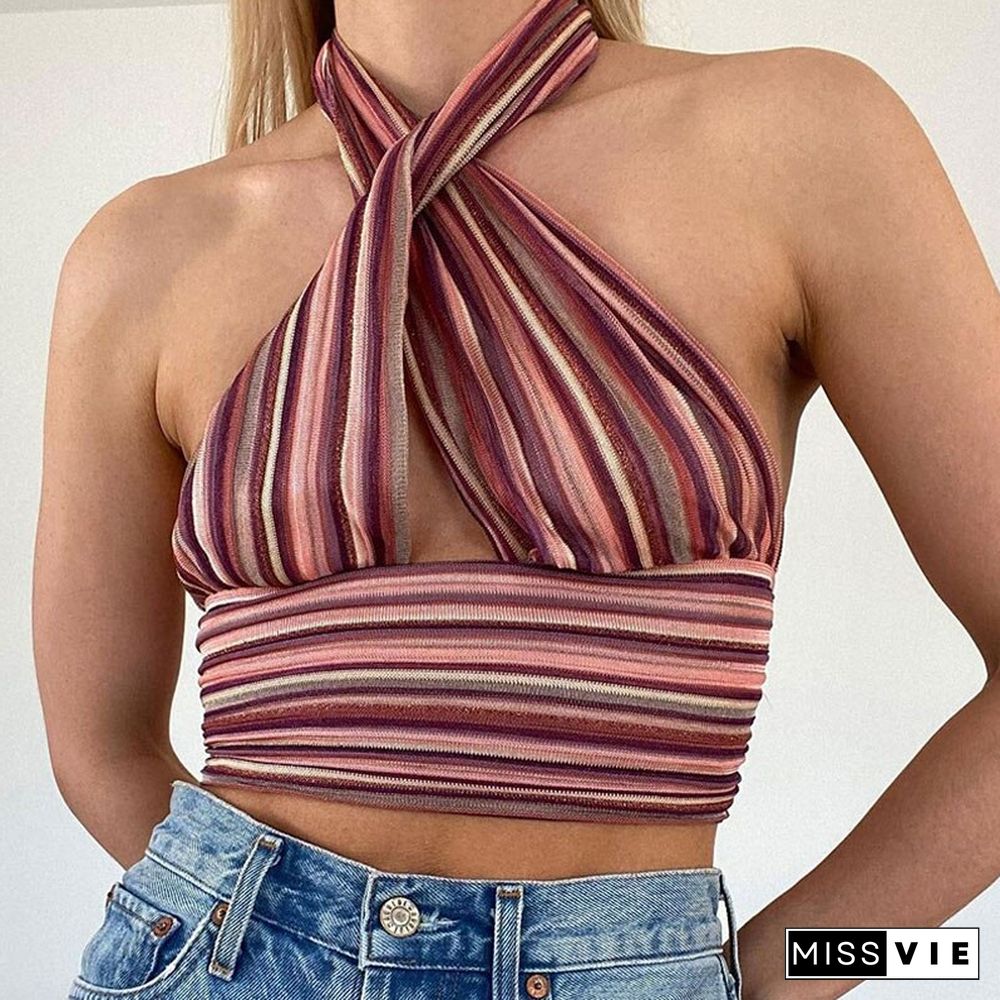 Cotton Patchwork Hollow Out Knit Crop Top Women Halter Neck Summer Sleeveless Backless Sexy Off Shoulder Y2K Party Tank Top