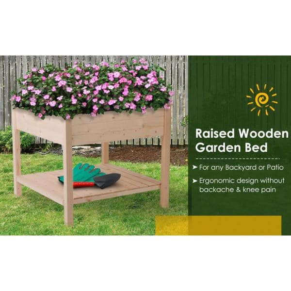 Outsunny 36 in. L x 36 in. W x 32 in. H Wood Square Outdoor Raised Garden Bed Planter Box with Shelf 845-241