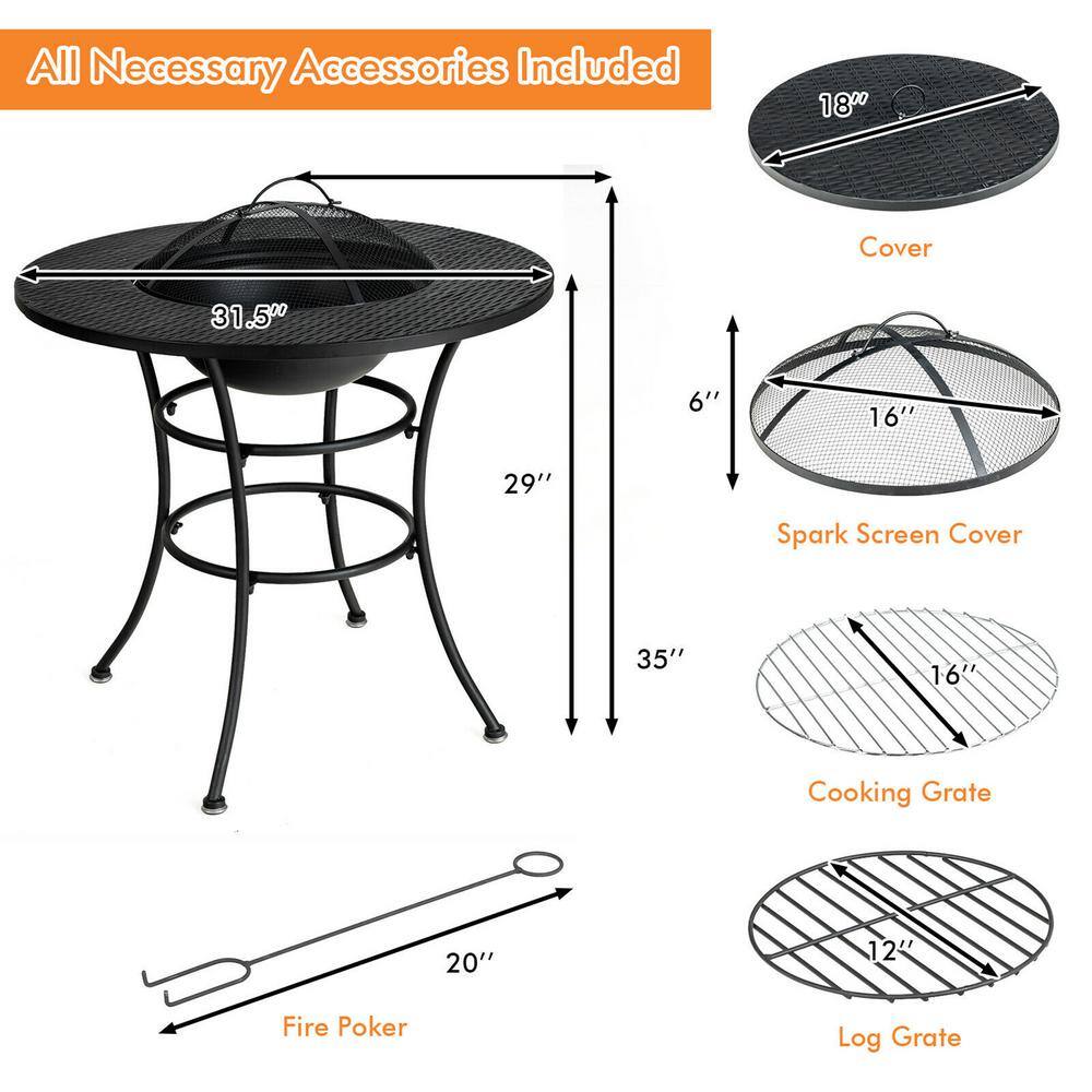 Gymax Black Patio Round Metal Fire Pit Dining Table Charcoal Wood Burning Cooking BBQ Grate GYM09297