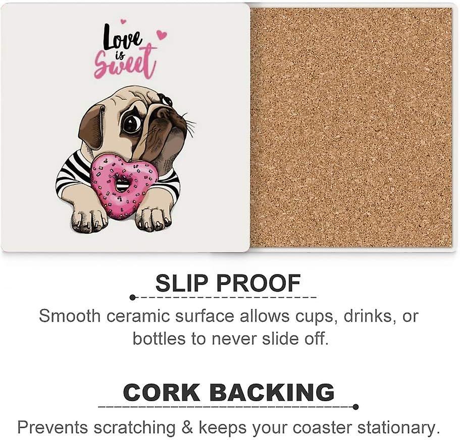 Printed Square Puppy Pug With Heart Donut Ceramic Coasters With Cork-backed For Coffee Drink Cup Mat Absorbent Stone Coaster Set Of 4/6