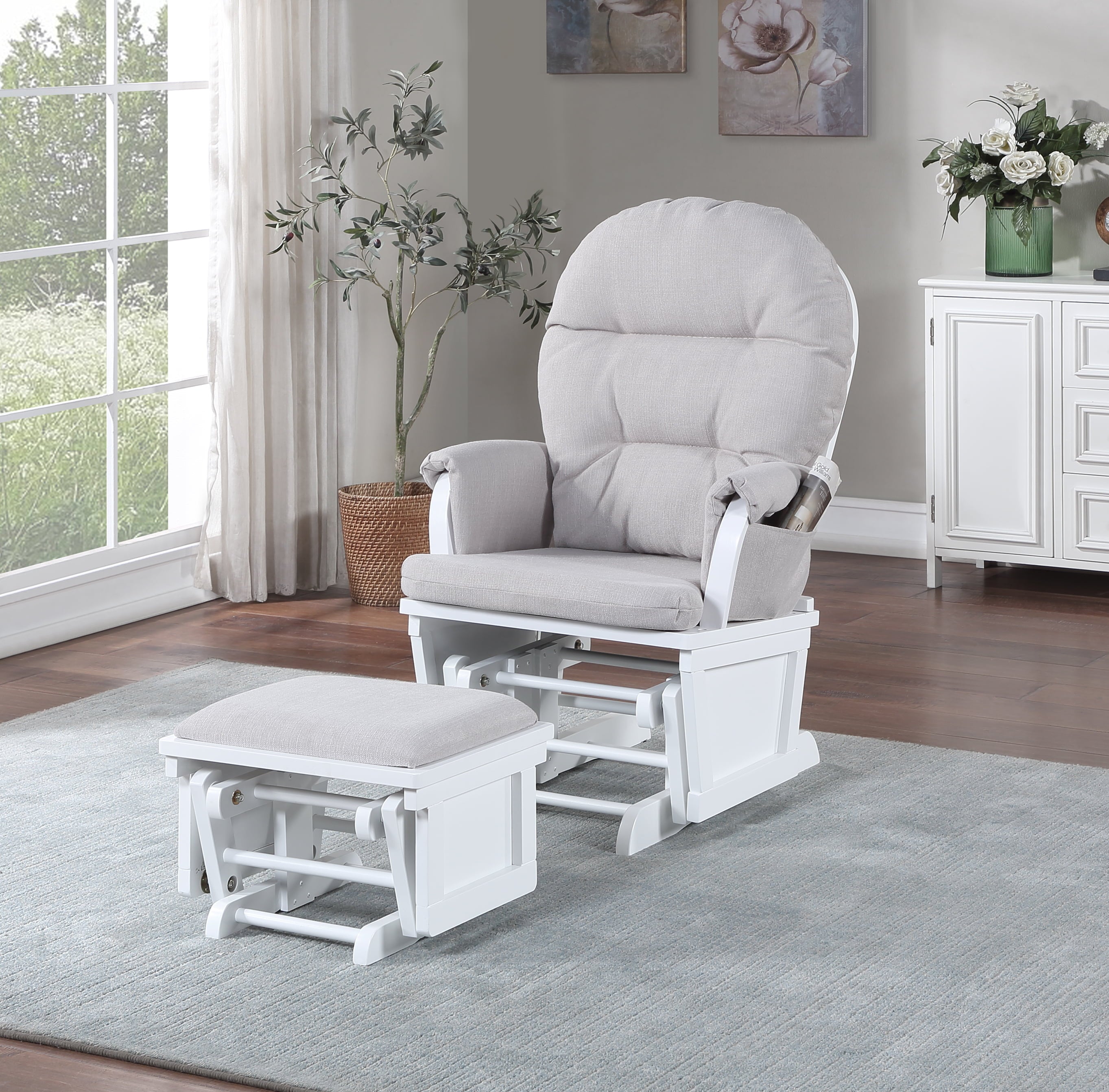 Suite Bebe Monti Storage Glider and Ottoman, White Finish with Woven Gray Cushions