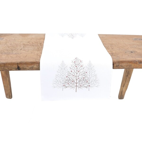 Festive Trees Embroidered Christmas Table Runner 16 by 36Inch，White