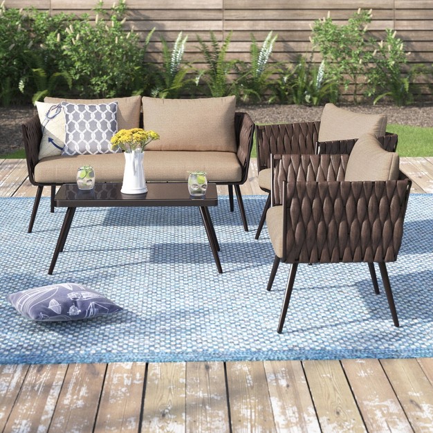 Barton 4 Pieces Outdoor Wicker Patio Sofa With Table Set Beige