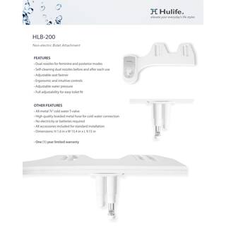 Hulife Non-Electric Bidet Attachment with Dual Nozzle Self Cleaning Cold Water in White HLB-200