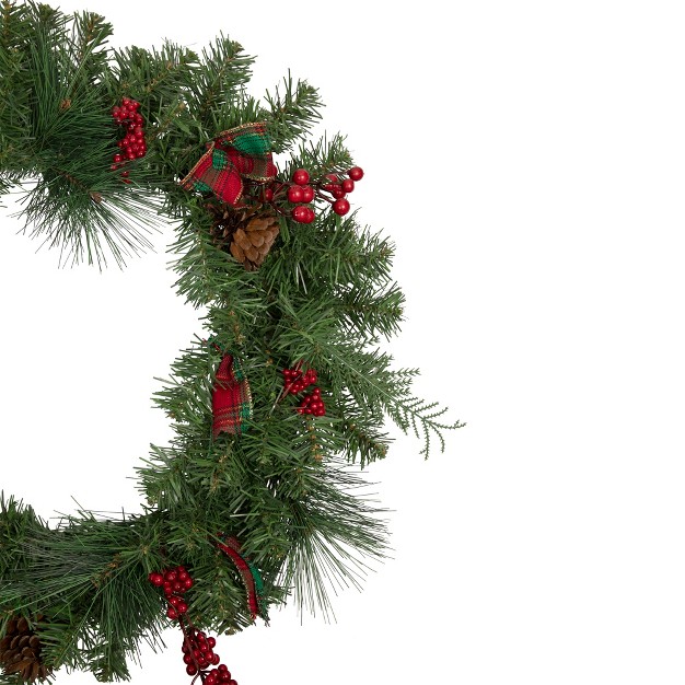 Unlit Green Foliage Pinecones And Berries With Tartan Ribbon Christmas Wreath