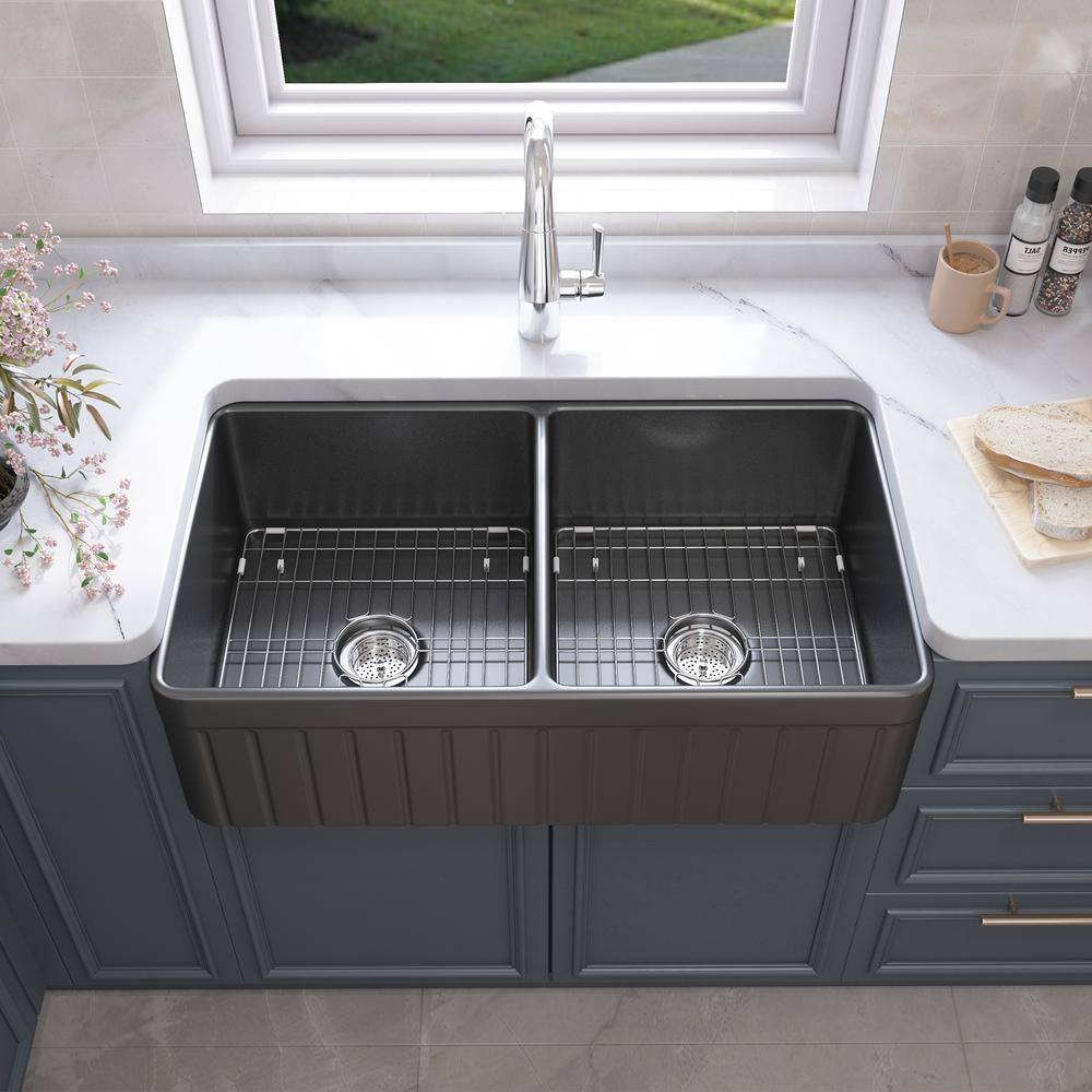 Black Fireclay 33 in. Double Bowl Farmhouse Apron Kitchen Sink with Bottom Grid and Basket Strainer HKD-331810T2-B