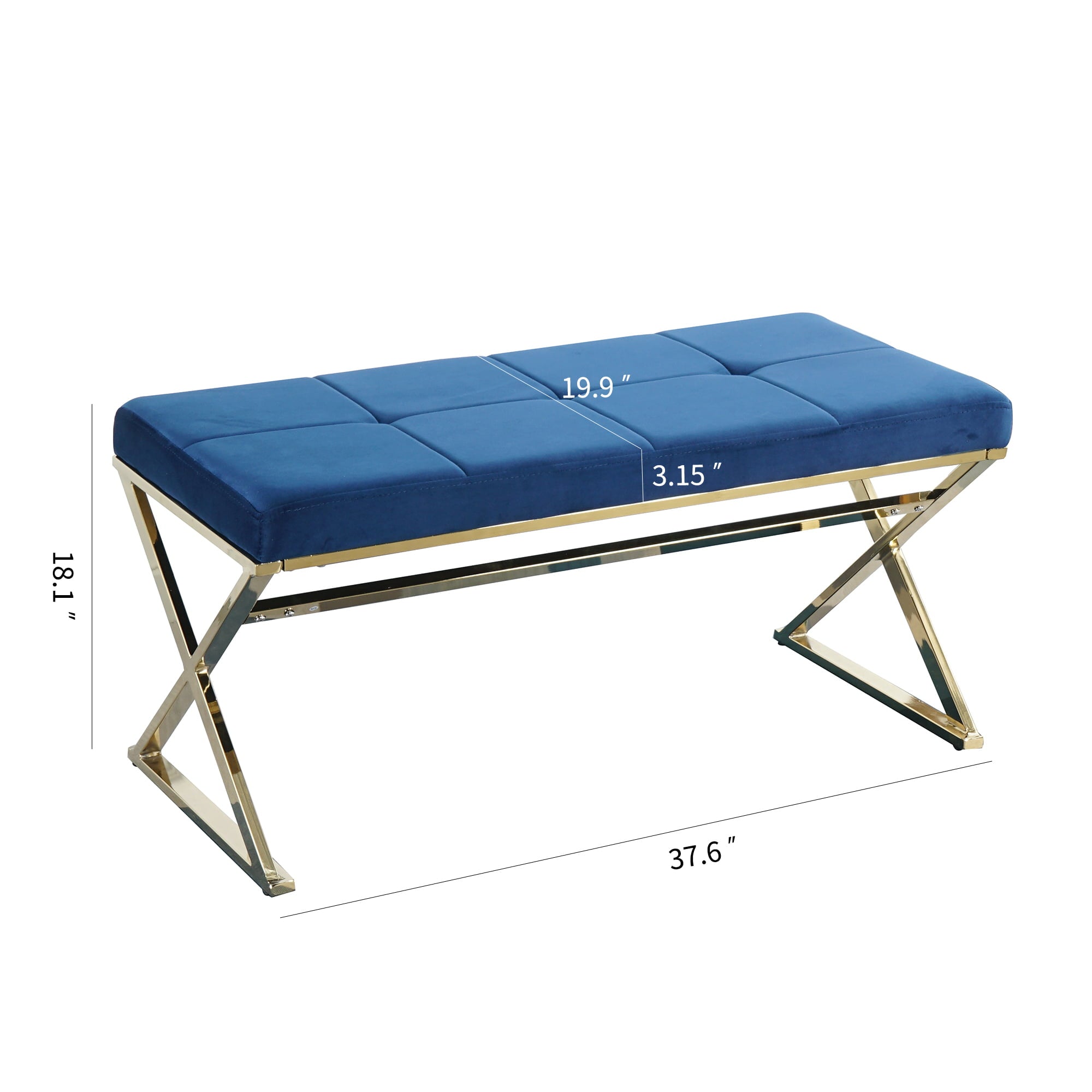 Mid-Century Modern Ottoman Bench with Padded Seat and Gold Metal Legs, Upholstered Entryway Bench Shoe Bench, Velvet Fabric End of Bed Bench for Bedroom Living Room Hallway More, Blue