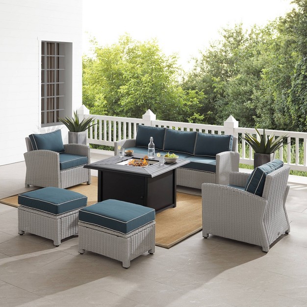 Bradenton 6pc Outdoor Wicker Sofa And Arm Chair Seating Set With Dante Fire Table And 2 Ottomans Navy gray Crosley