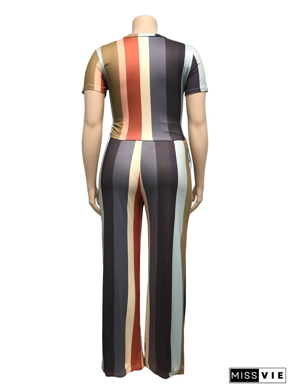 Plus Size Women Stripes Straight-legs Pants Suits 2 Pieces