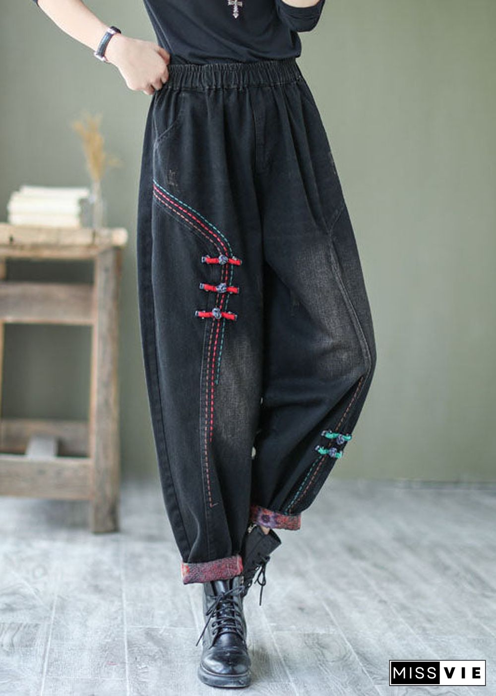 Natural Black Button denim harem Pants Spring