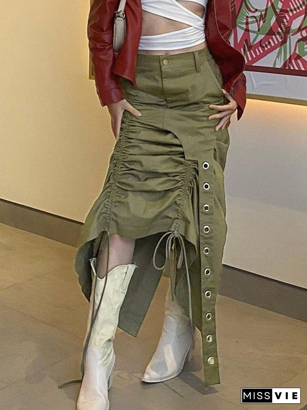 Drawstring Ruched Irregular Split Long Cargo Skirt