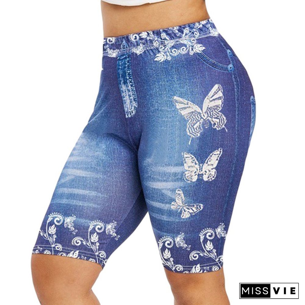 S-5XL Women's Fashion 3D Butterfly Floral Print Denim Shorts Leggings Plus Size Jeggings Shorts Leggings