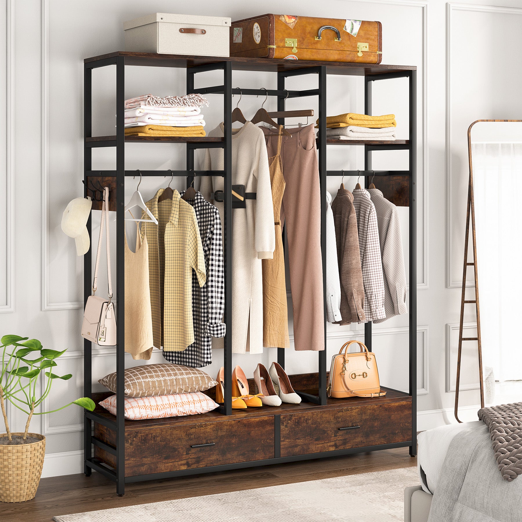 Freestanding Closet Organizer, Garment Rack with 2 Drawers & Shelves