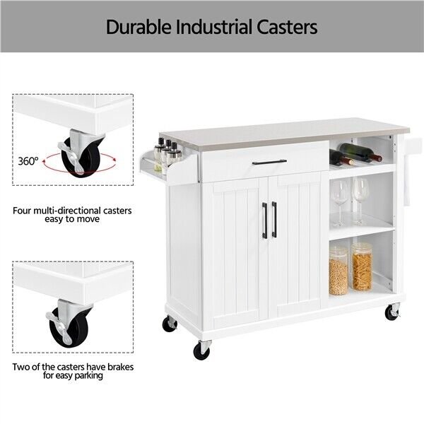 Kitchen Island Cart on Wheels with Stainless Top and Drawers and Towel Rack， White