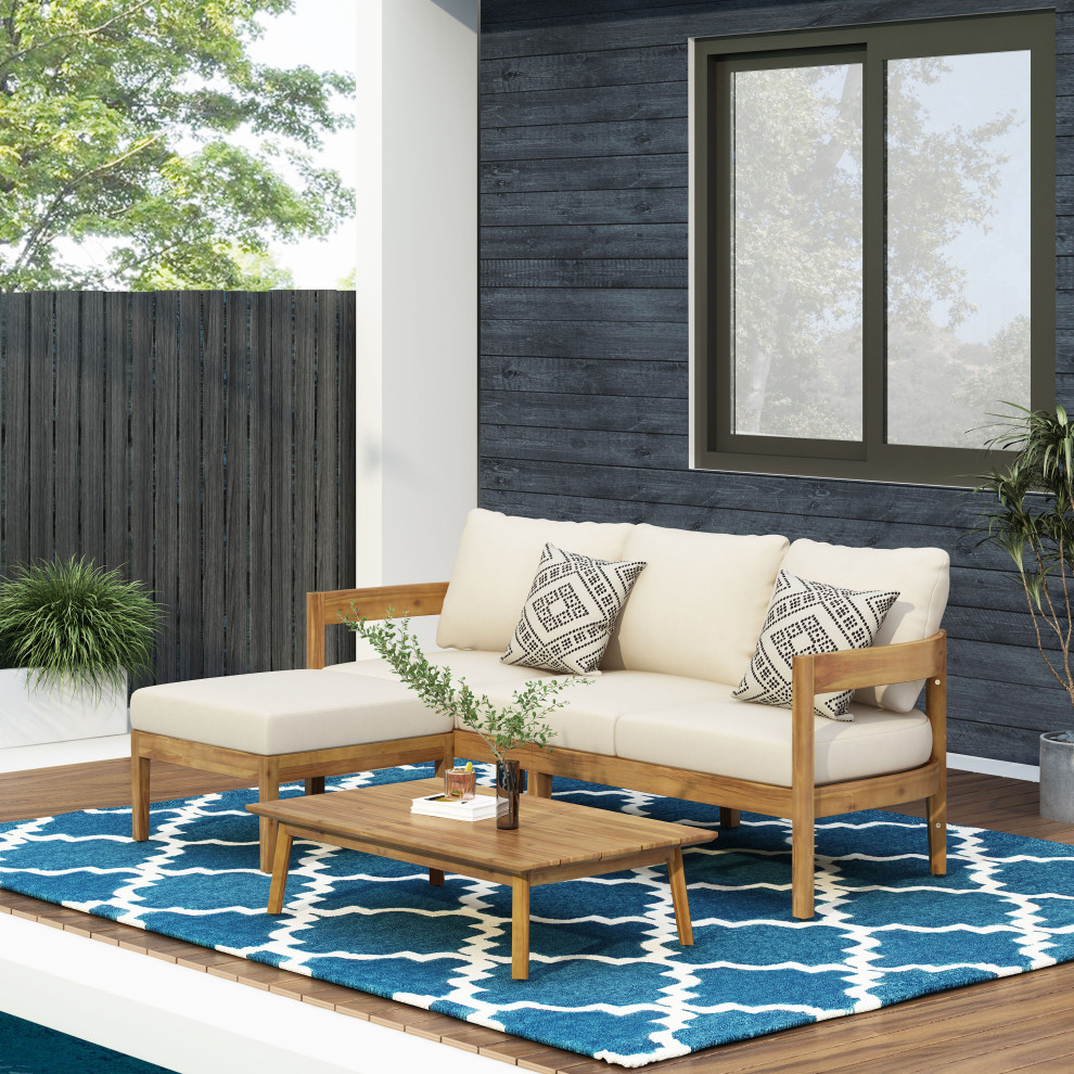 Brooklyn Outdoor Acacia Wood 3 Seater Sofa Chat Set With Ottoman  Teak and Beige   Transitional   Outdoor Lounge Sets   by GDFStudio  Houzz