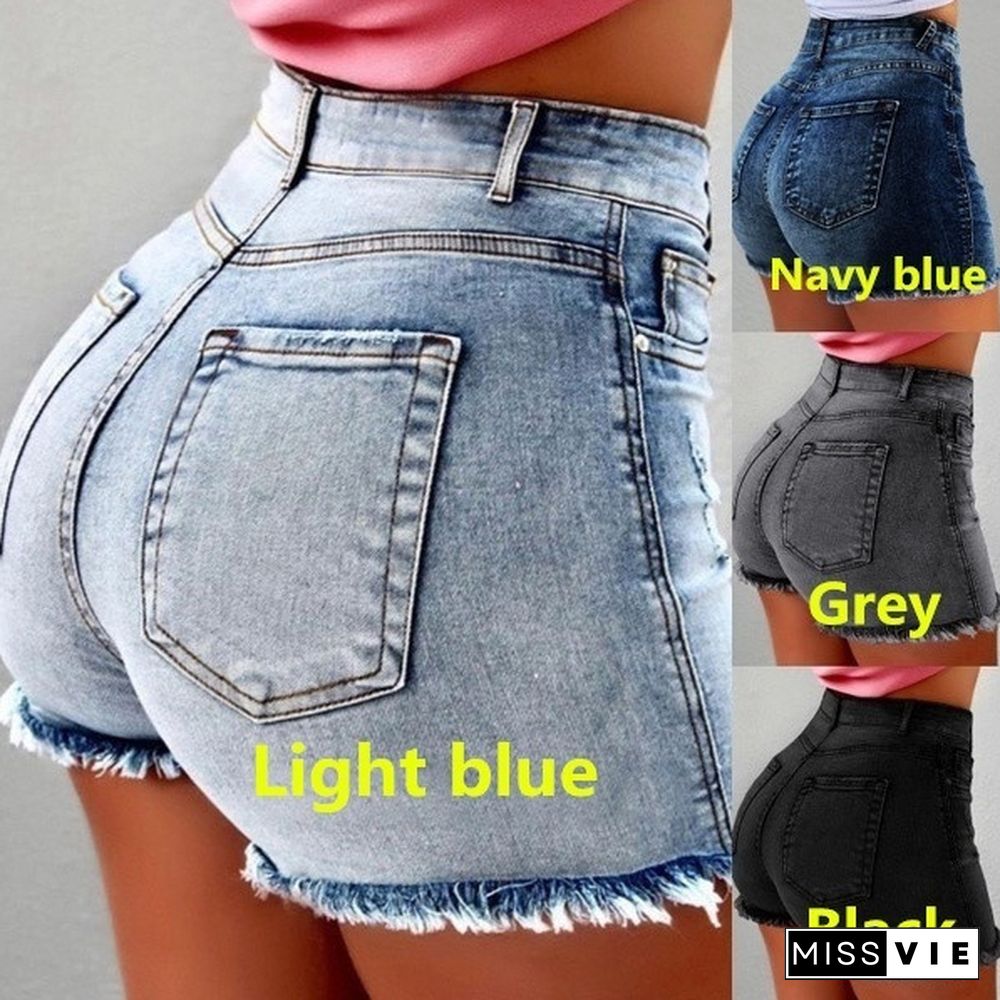 Summer Women's Fashion Causal Stretchy Denim High Waist Beach Shorts Washed Jeans Pants