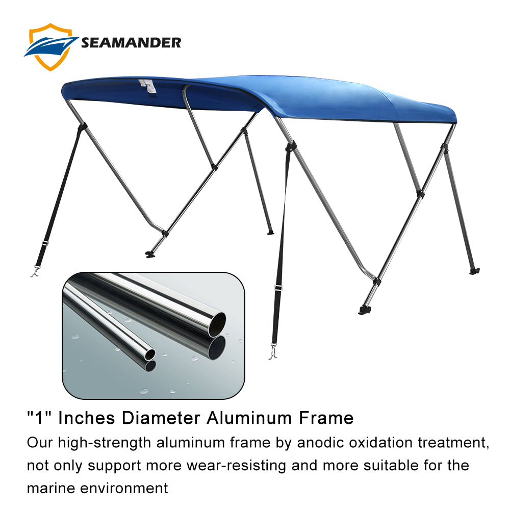 Seamander 3 Bow Bimini Top Boat Cover with Rear Support Pole and Storage Boot， Pacific Blue