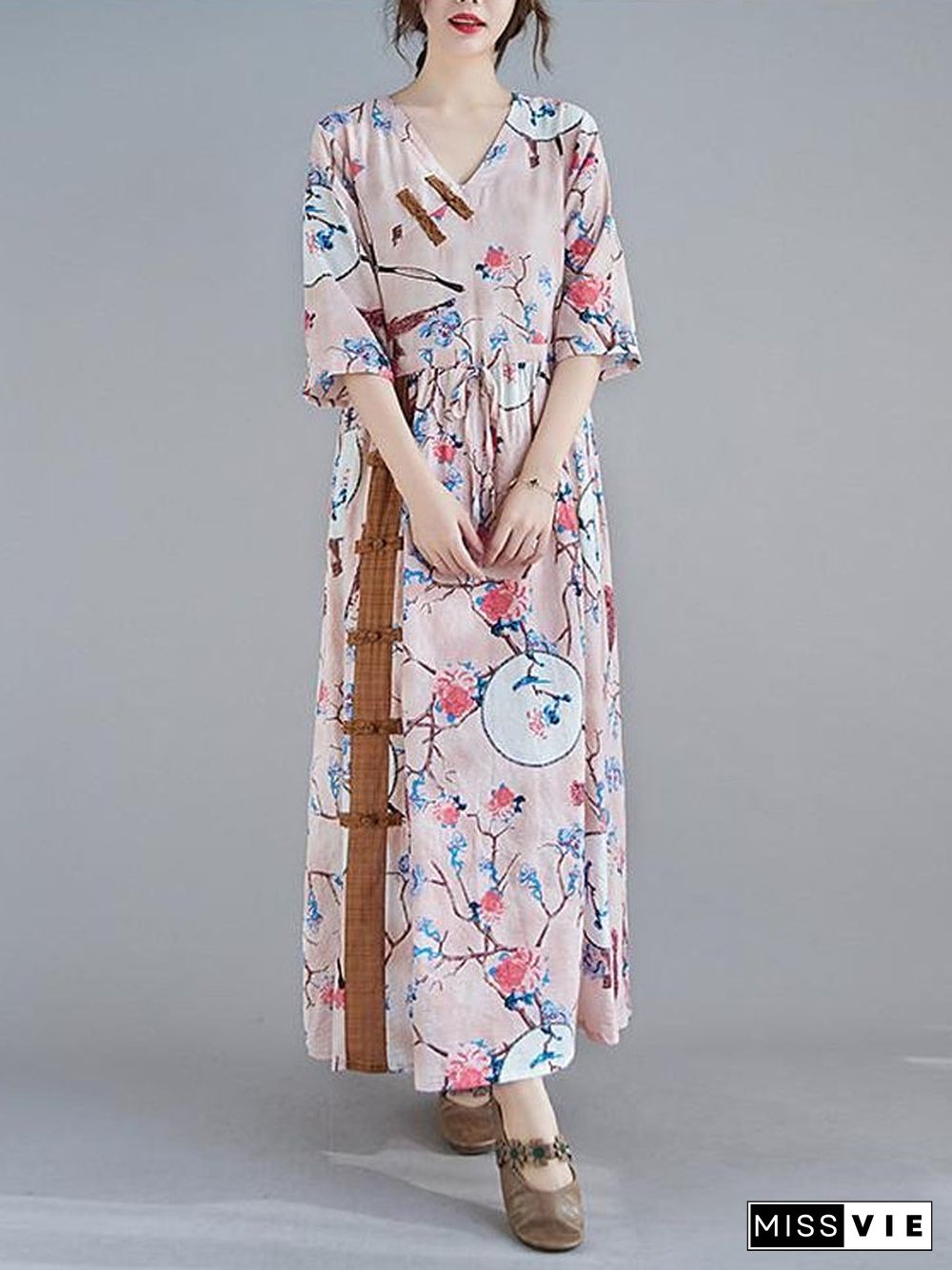 Women's Swing Dress Maxi long Dress 3/4 Length Sleeve Floral Spring Summer Casual Blushing Pink Light Blue M L XL XXL