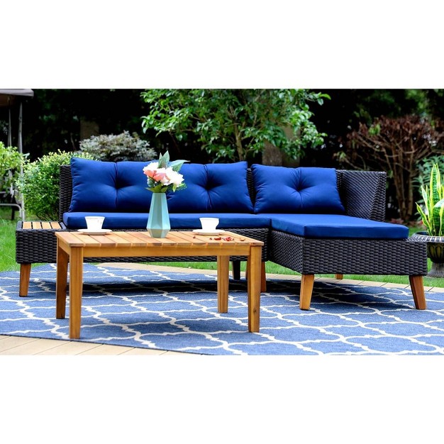 3pc Outdoor Acacia Wood Conversation Set With Sectional Sofa amp Cushions Captiva Designs