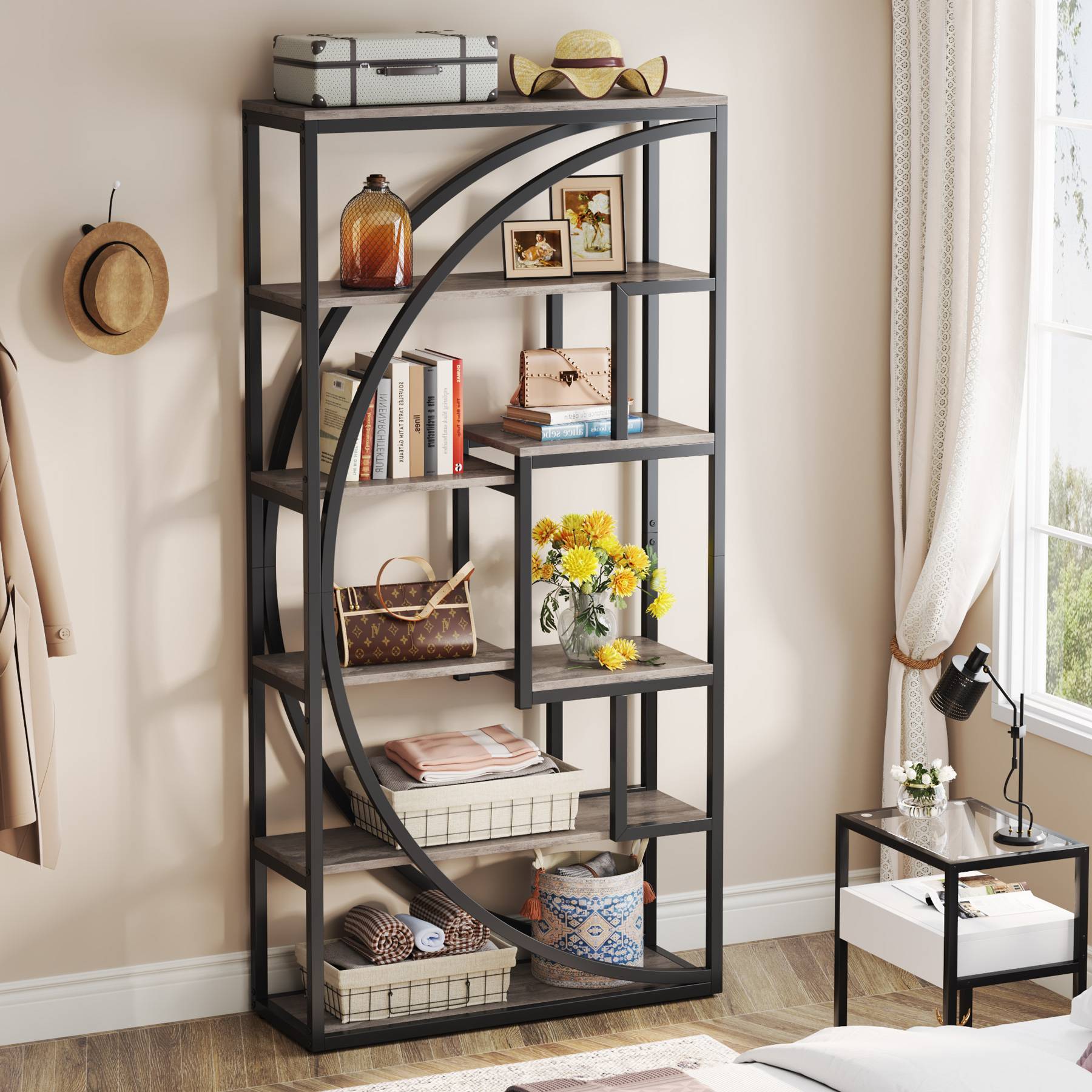 Industrial Bookshelf Bookcase with 8 Open Storage Shelf