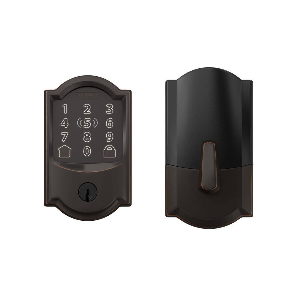 Schlage Camelot Aged Bronze Electronic Encode Plus Smart WiFi Deadbolt with Alarm BE499WB CAM 716