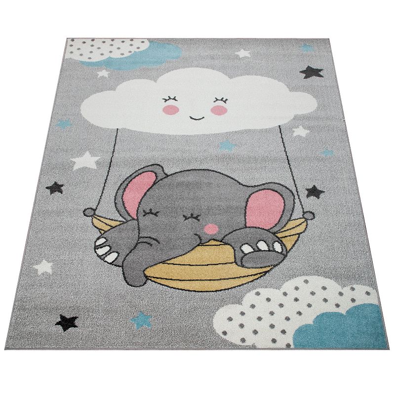 Kid▽s Rug for Nursery with Cute Elephant and Cloud Motif in Grey