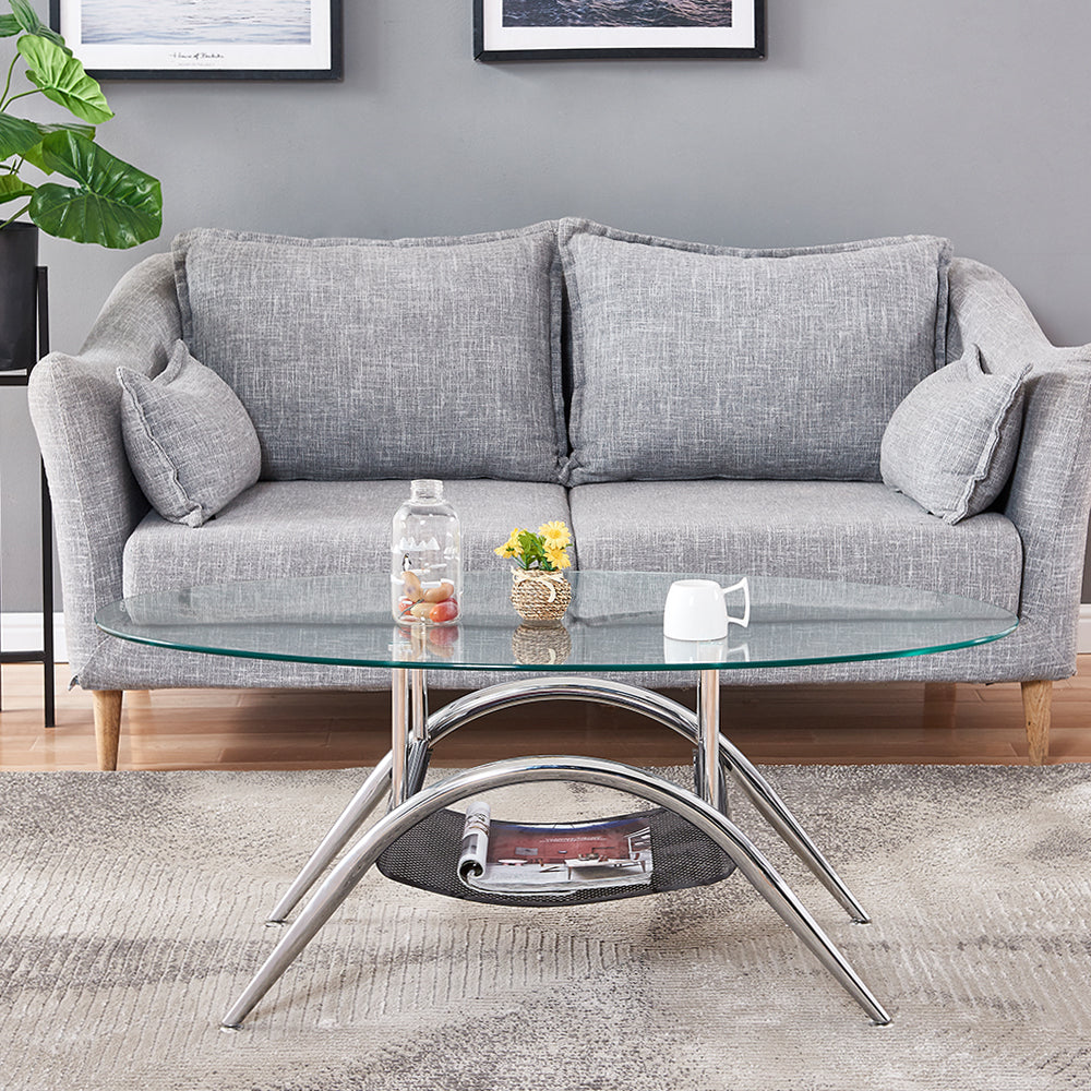 2 Tier Glass Sofa Table Oval Coffee Table with Shelf Cocktail Table Ellipse Metal Legs Chrome Finish with Glass Top