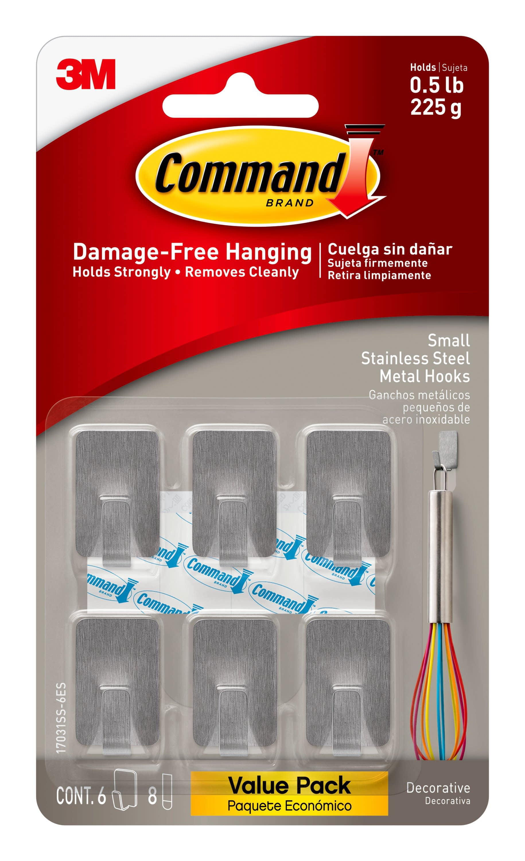 Command Small Stainless Steel Metal Hooks, 6 Hooks, 8 Strips/Pack