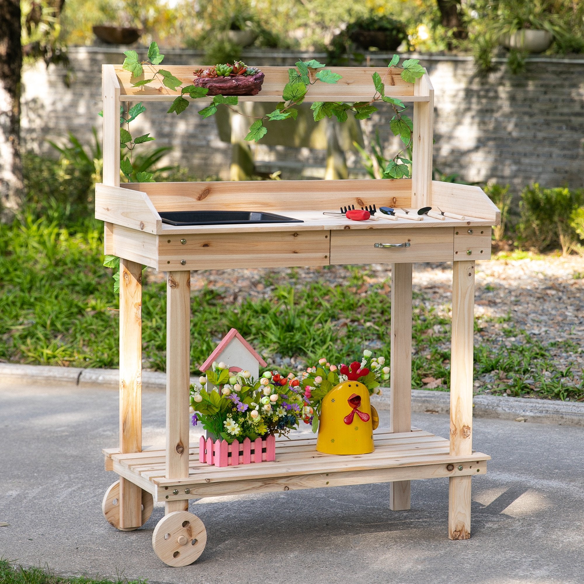 36'' Gardening Workbench with 2 Removable Wheels, Sink, Drawer & Large Storage Spaces, Wooden Potting Bench Work Table Natural