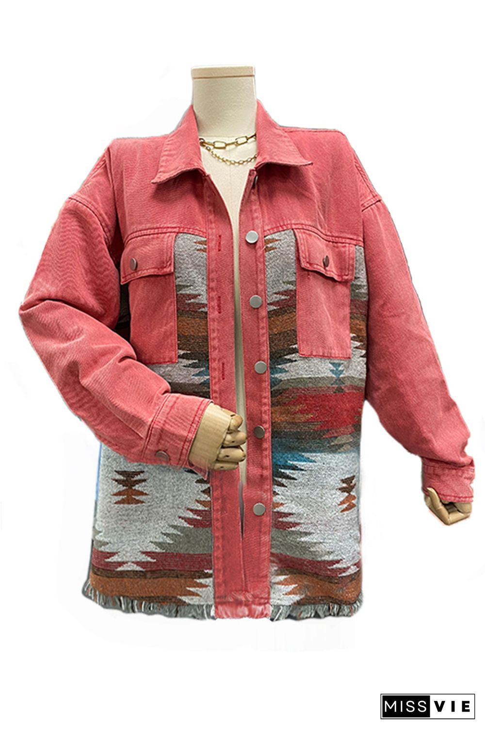 Distressed Aztec Denim Jacket Coat