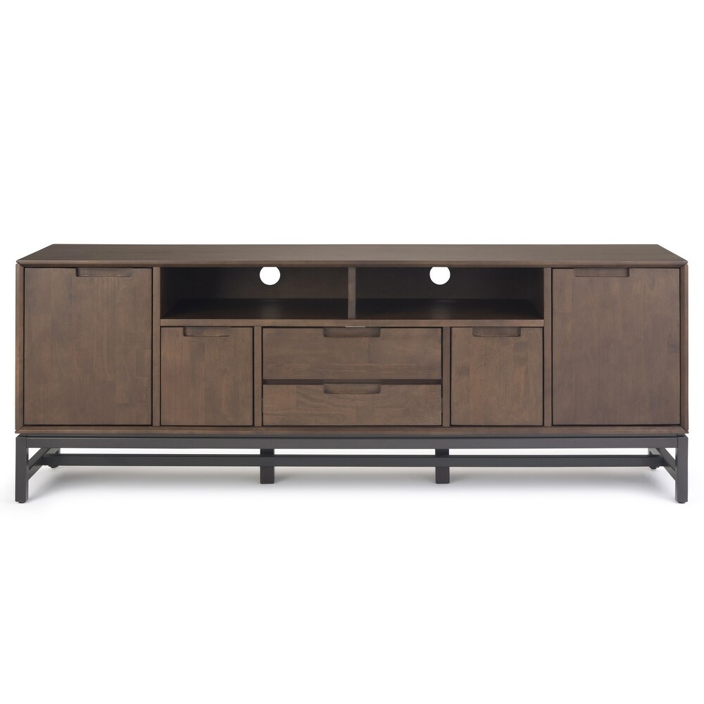 WYNDENHALL Devlin SOLID HARDWOOD 72 inch Wide Industrial TV Media Stand in Walnut Brown For TVs up to 80 inches