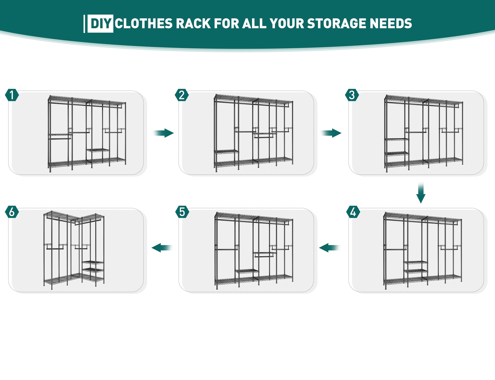 Raybee 76"L x 77"H Wire Garment Rack Heavy Duty Clothing Racks for Hanging Clothes Portable Freestanding Closet Rack with Shelves Metal Clothes Rack, 990 lbs Max Loads Black