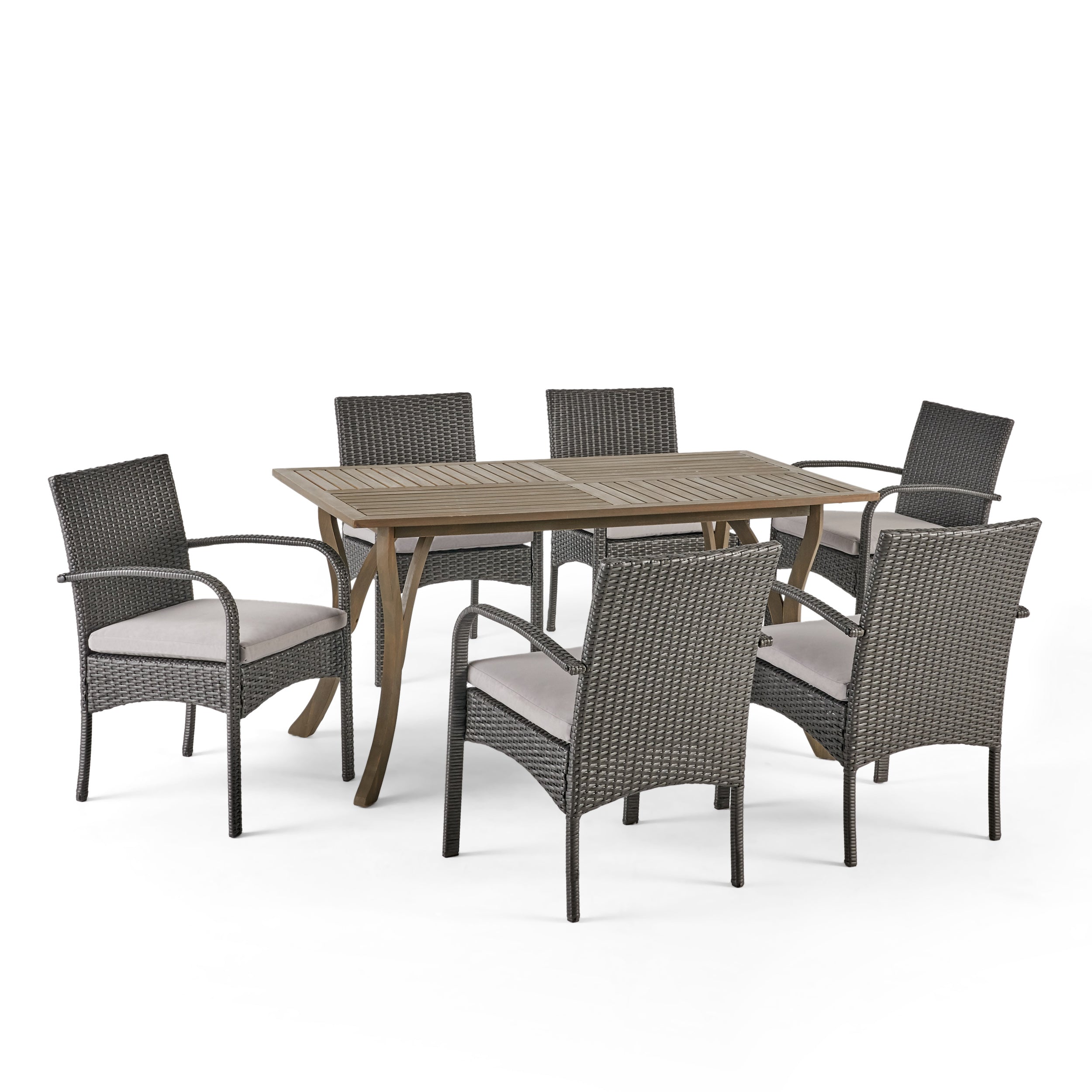 Rene Outdoor 7 Piece Wood and Wicker Dining Set, Gray and Gray