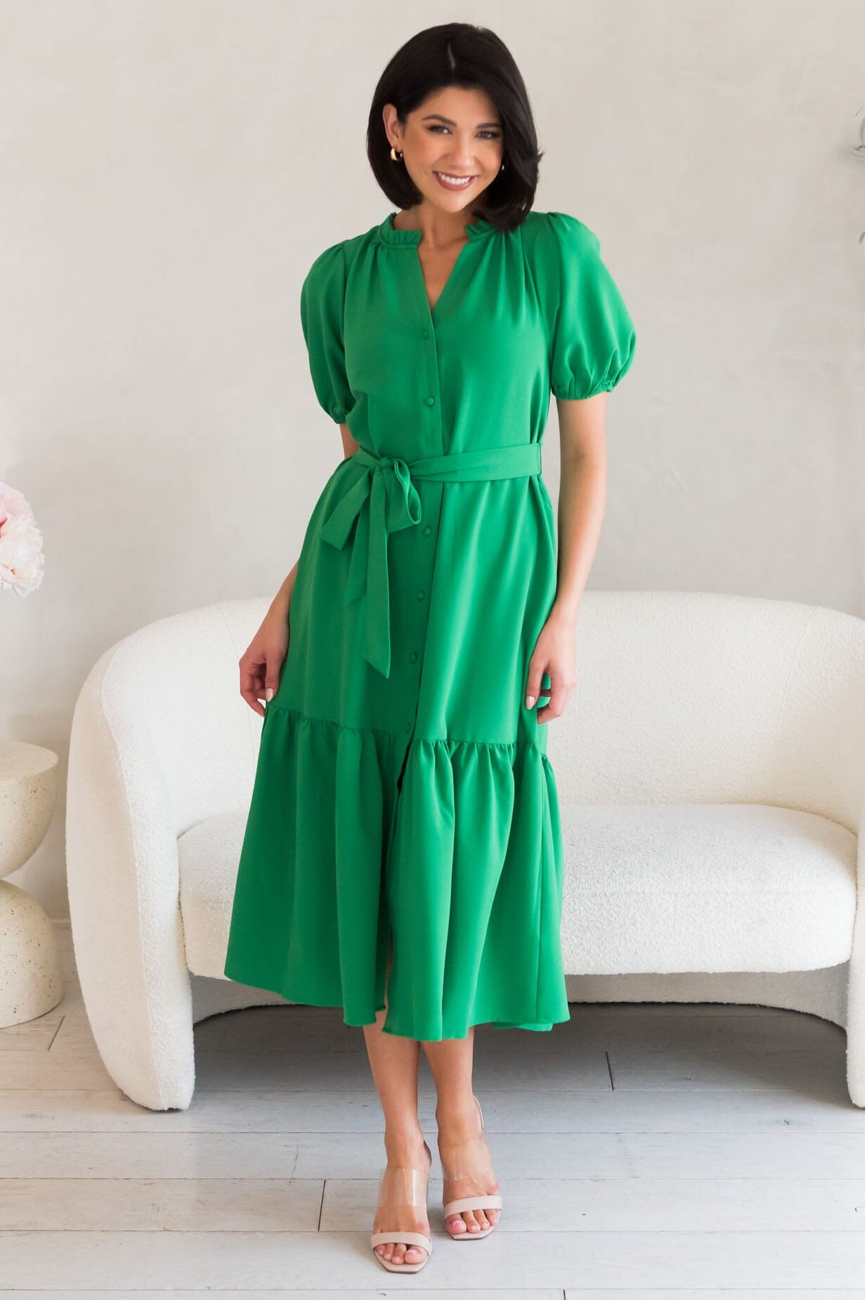 Alaska V-neck puff sleeve spring dress-vibrant green