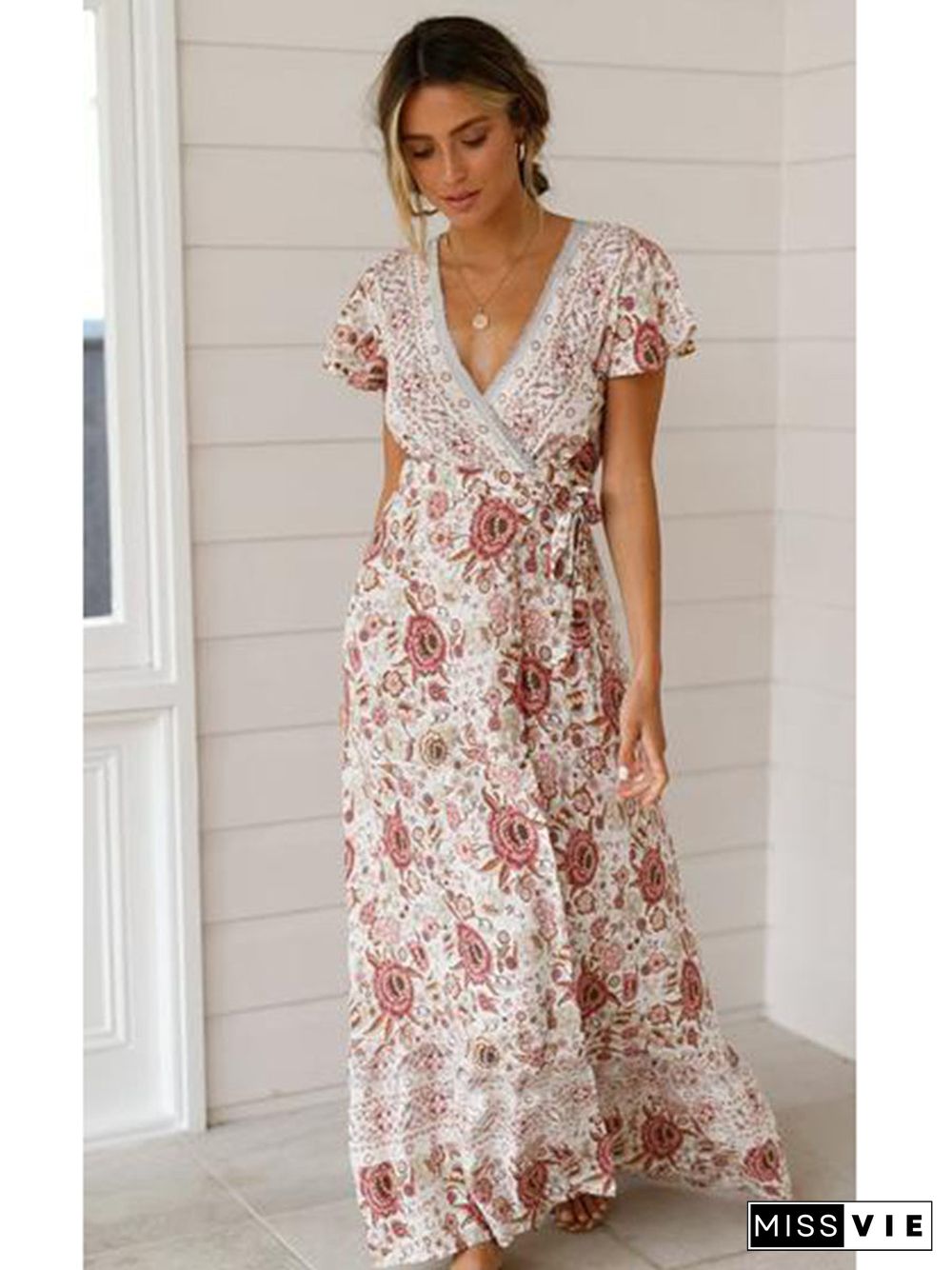 Floral V-Neck Short Sleeve Maxi Dress