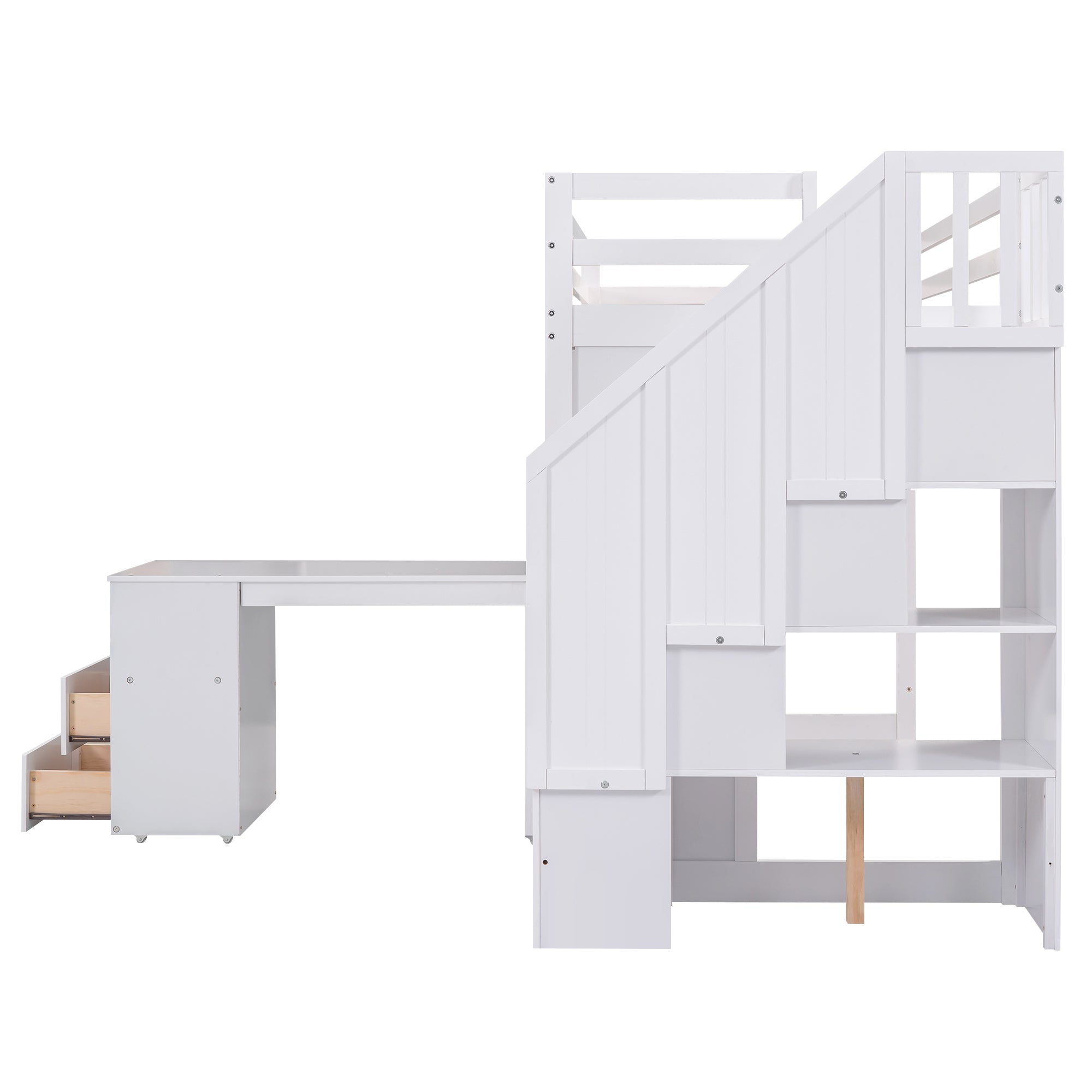 Pine Wood Loft Bed with Storage Staircase, Desk, Drawers and Blackboard for Kids, Twin, White