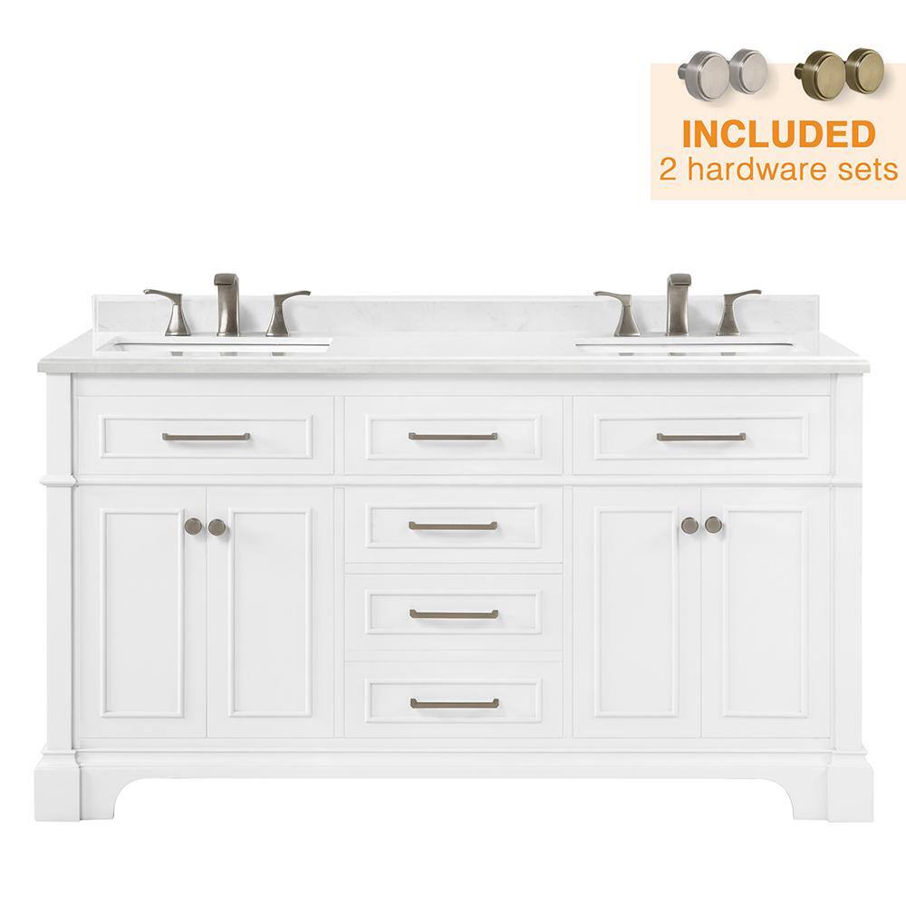 Home Decorators Collection Melpark 60 in. W x 22 in. D x 34.5 in. H Bath Vanity in White with White Cultured Marble Top Melpark 60W