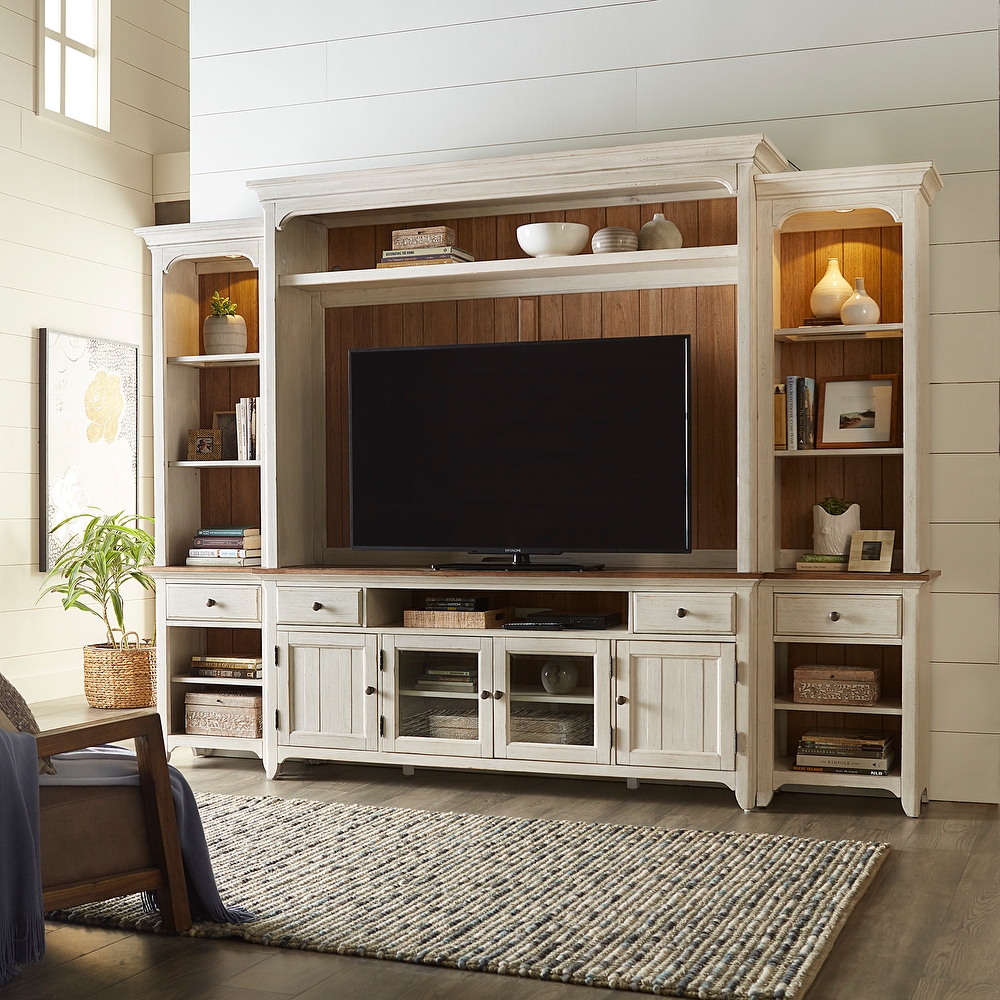 Farmhouse Reimagined Antique White with Chestnut Entertainment Center with Piers