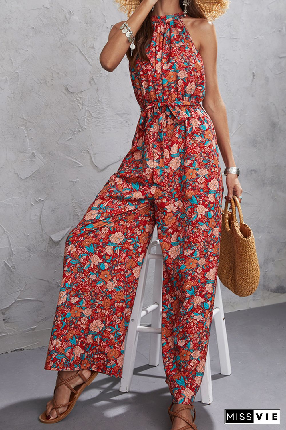 Boho Floral Print Halter Sleeveless Jumpsuit Wholesale