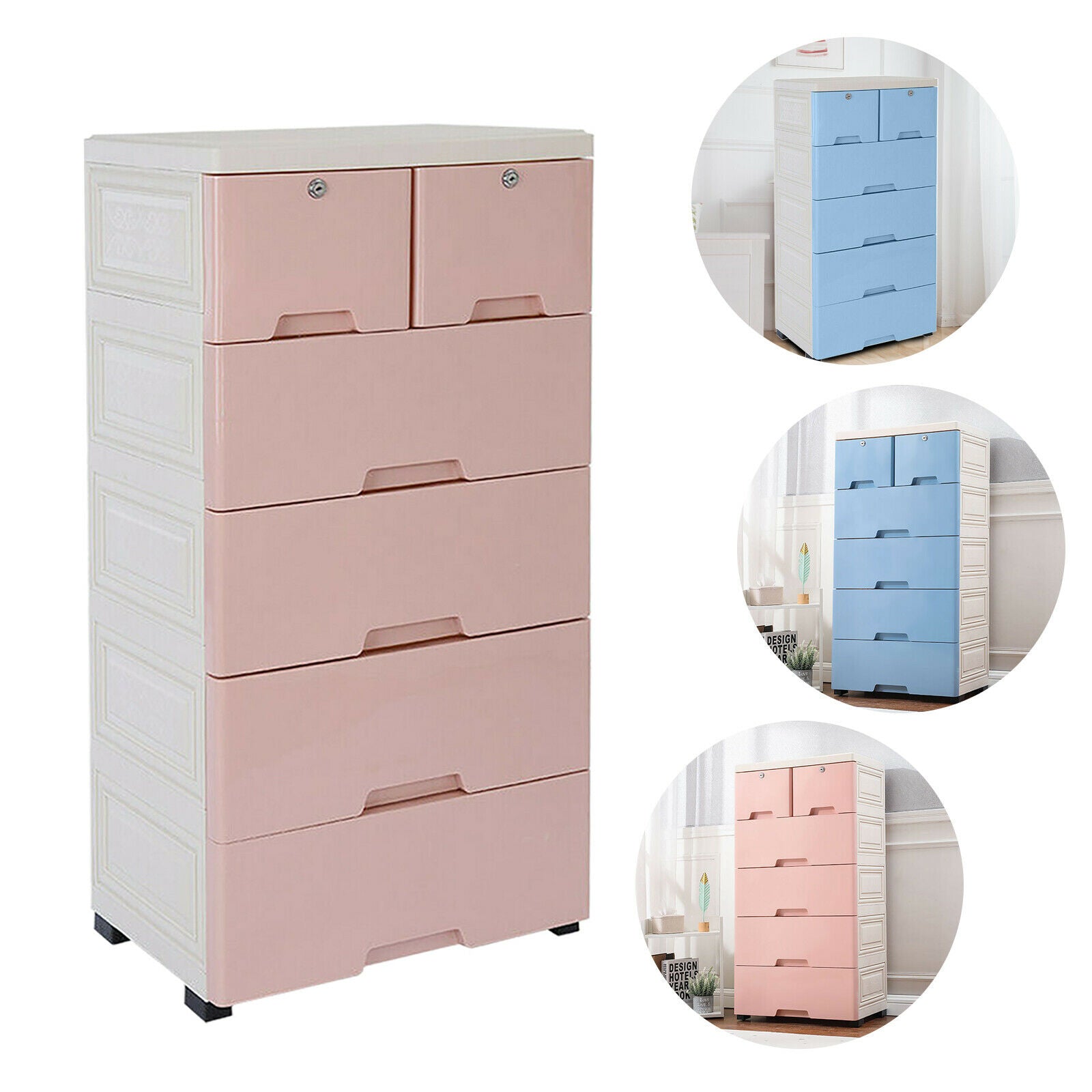 OUKANING 6 Drawer Dresser Finish Storage Cupboard Furniture Clothes Closet Cabinet with 4 Wheels