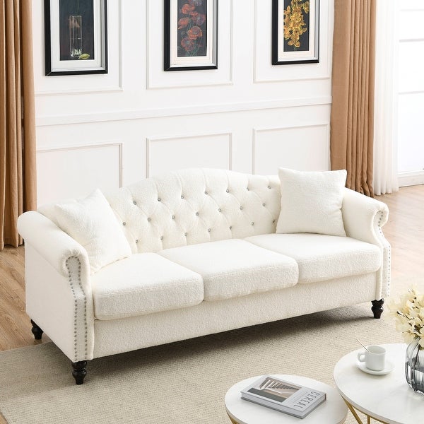 3+1 Combination of Chesterfield 3 Seater Sofa and Chair Modern White Teddy Upholstered Padded Seat with Two Pillows and Nailhead