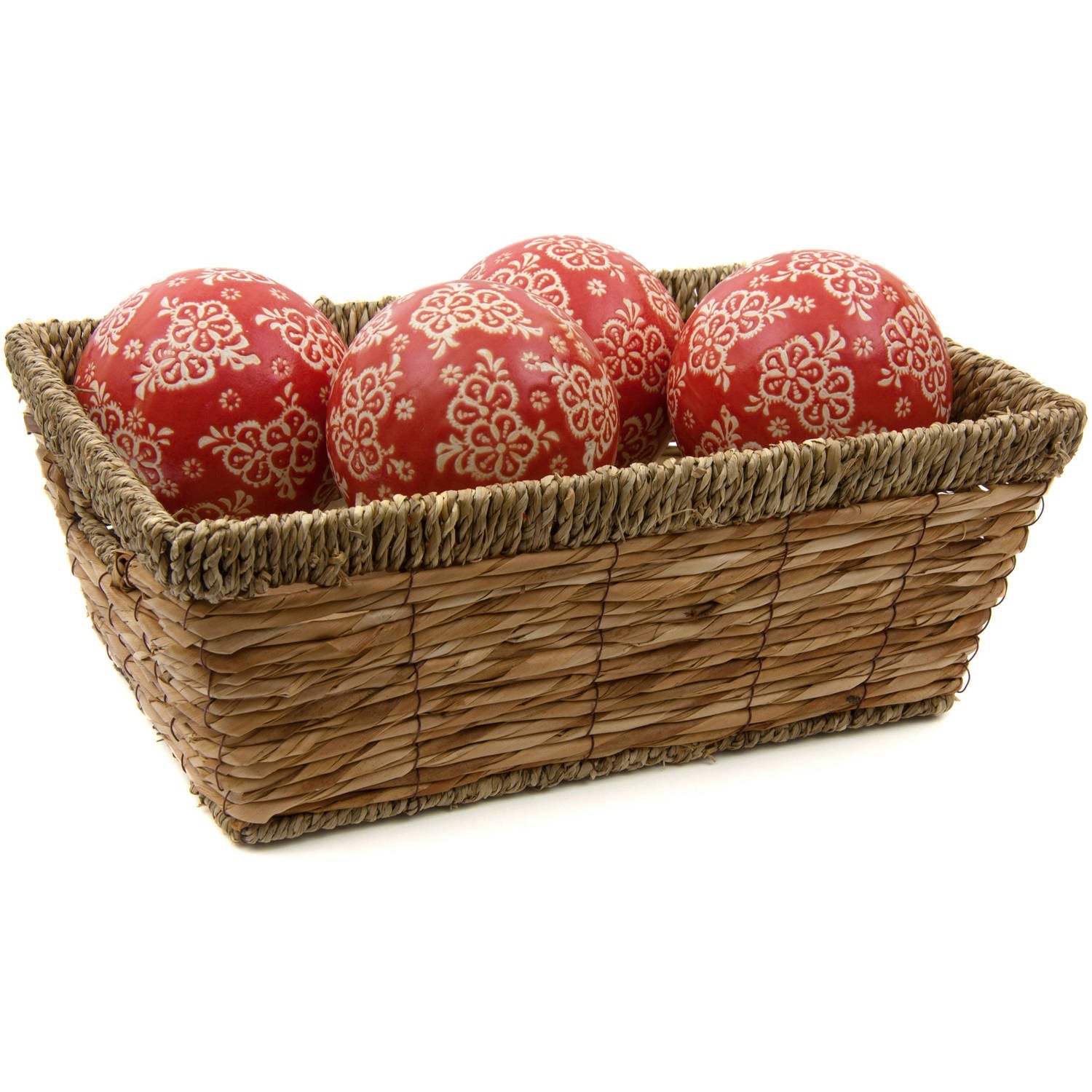 Oriental Furniture 4" Red and Beige Flowers Porcelain Ball Set