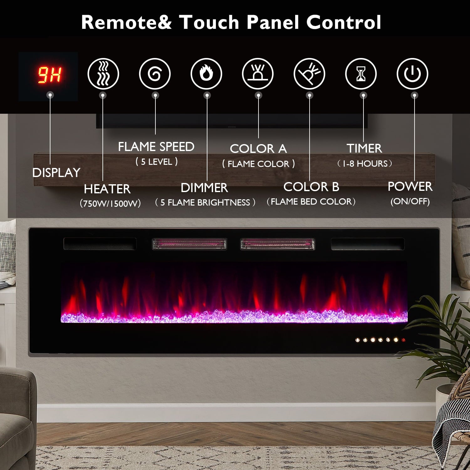 BaPiPro 60 inch Electric Fireplace, Recessed Wall Mounted Electric Fireplace inserts,Ultra Thin, 750W/1500W, 12 Color Flame, Remote Control