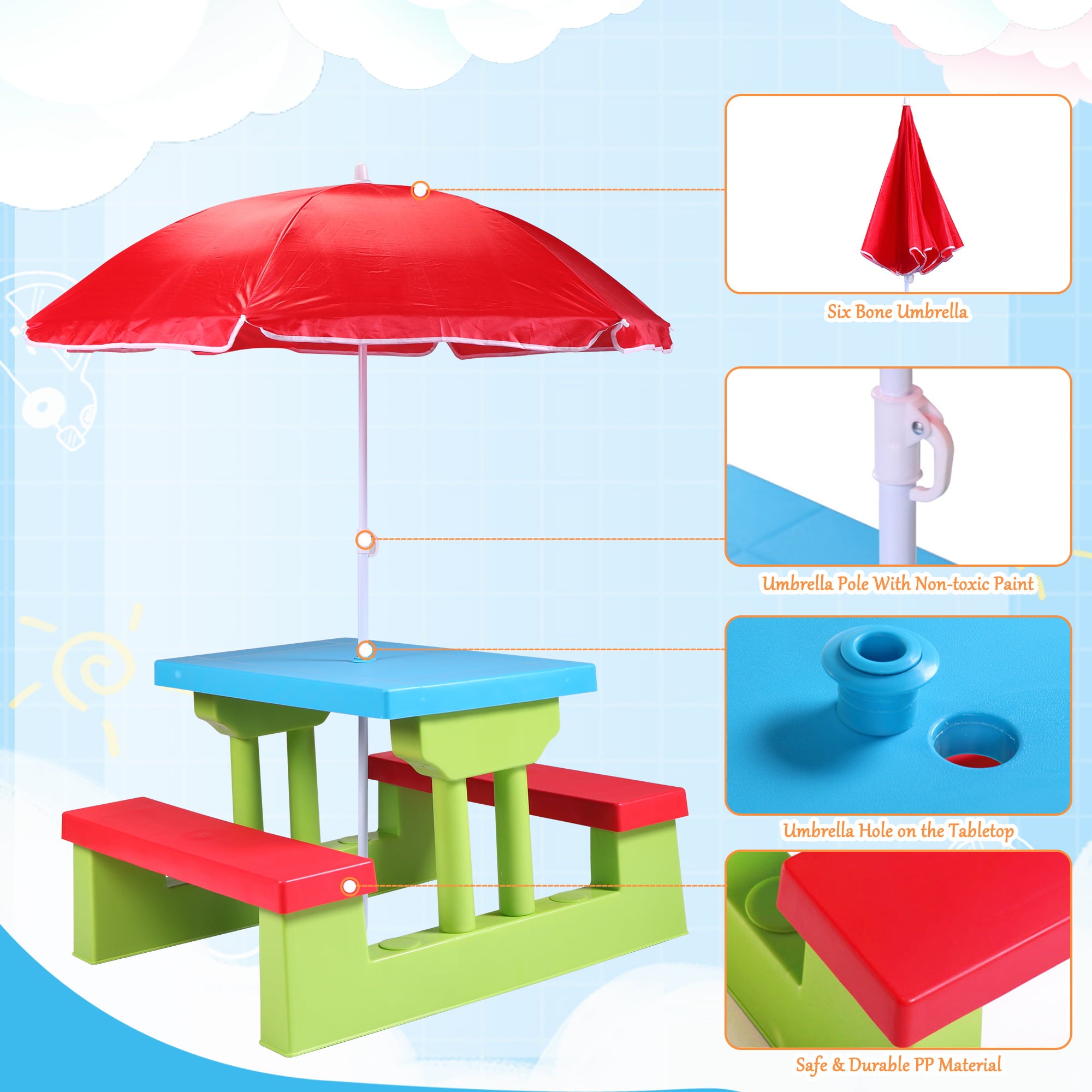 Tobbi 4 Seat Kids Picnic Table Bench Set Colorful Portable Garden Yard Bench W/ Removable Umbrella