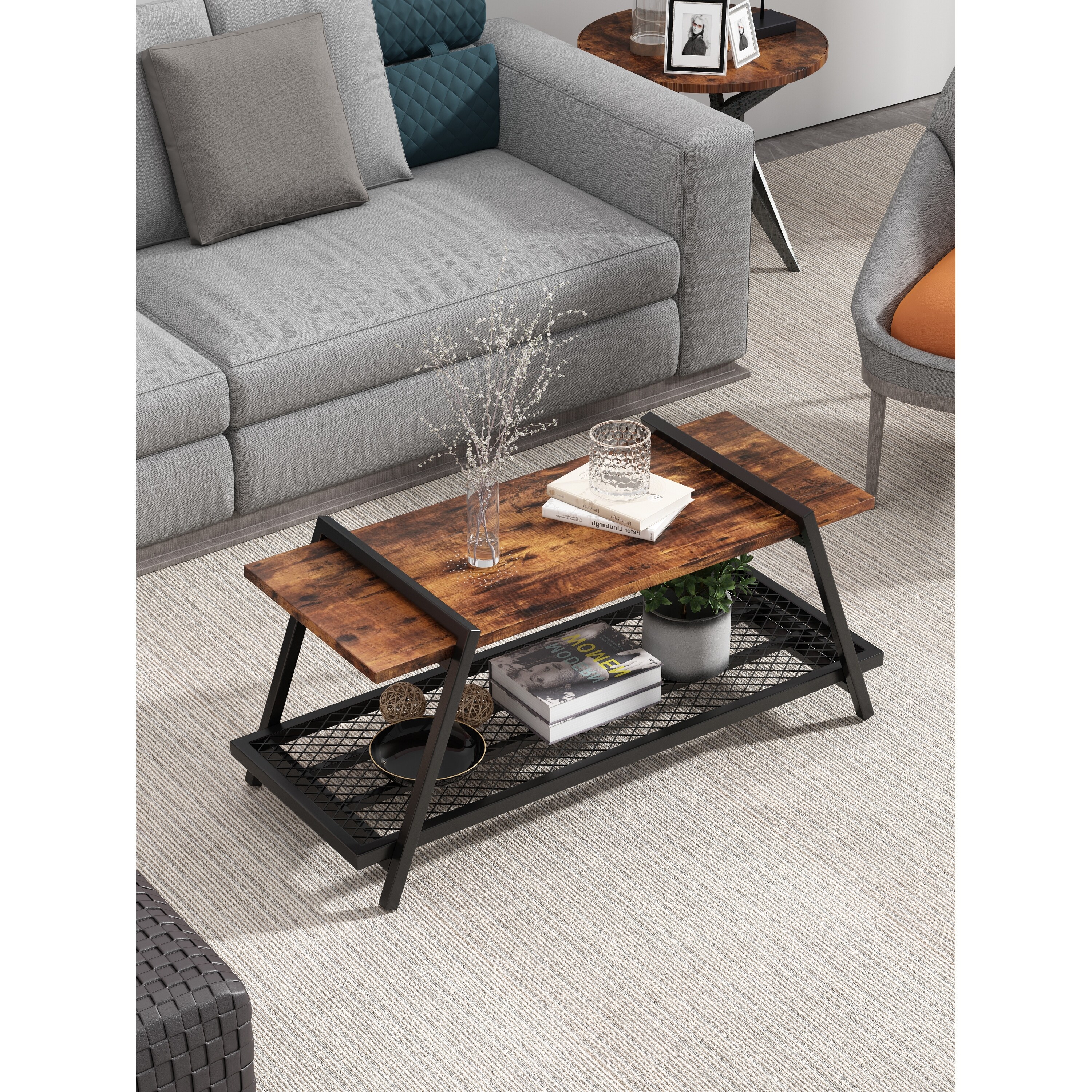 Modern Coffee Tables Sofa Table with Mesh Shelf for Living Room