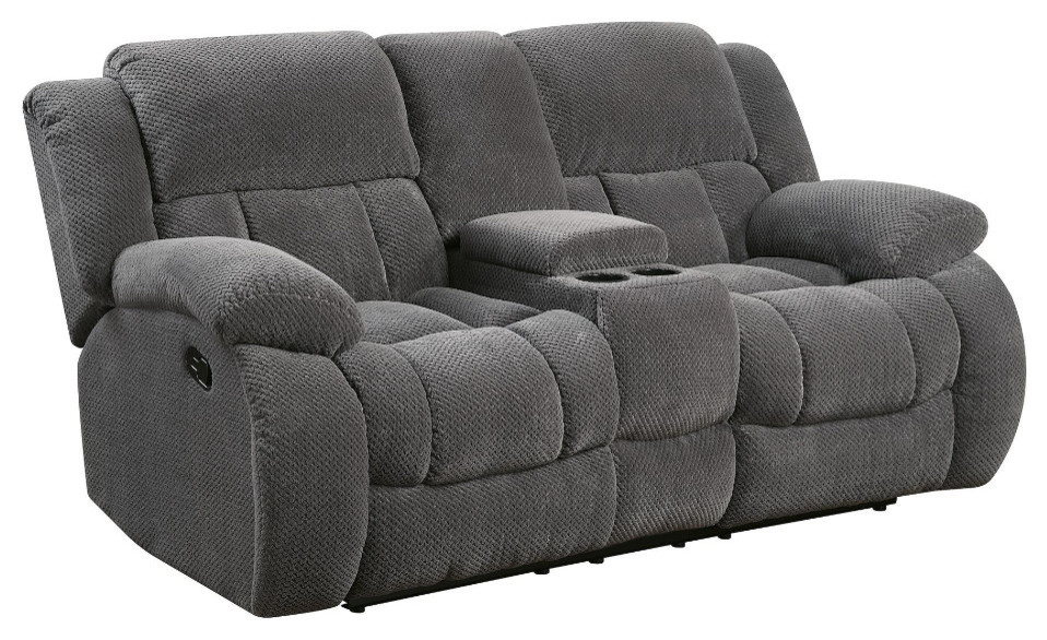 Fabric Upholstered Reclining Motion Loveseat With Cupholders And Storage  Gray   Transitional   Loveseats   by VirVentures  Houzz